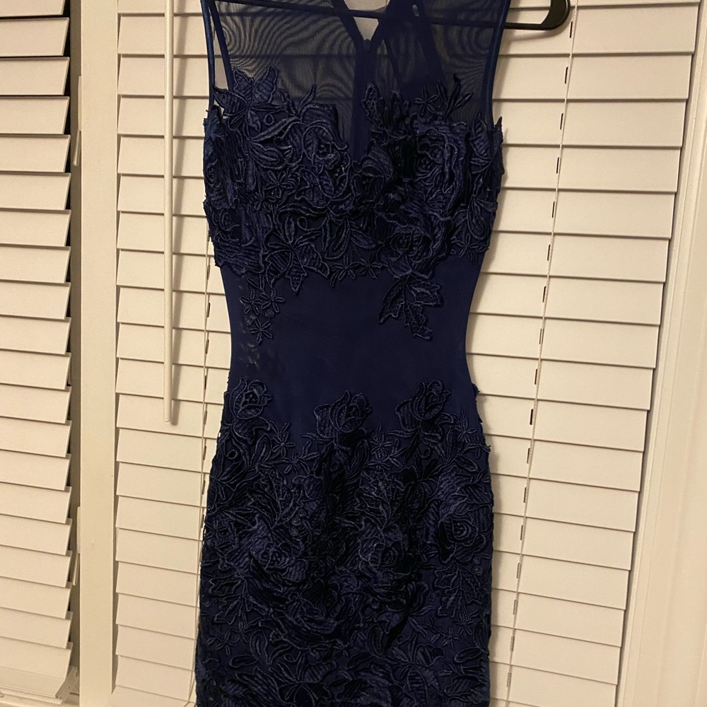 Navy lace and opaque floral cocktail dress
